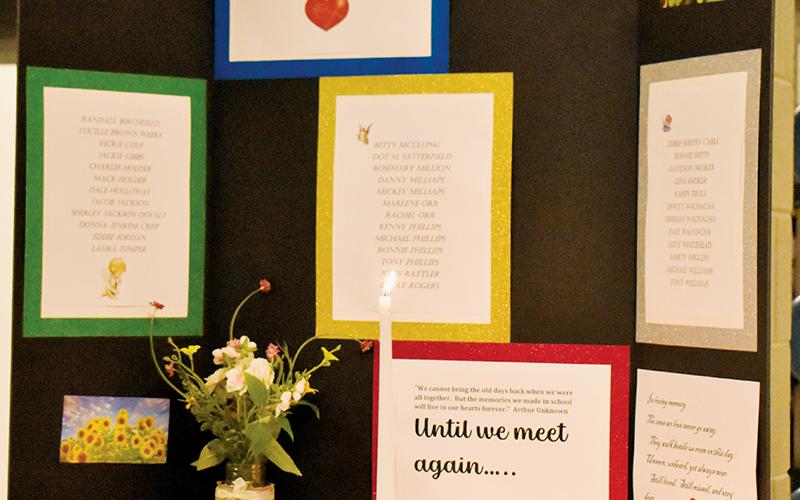 Candles were lit at Saturday’s Robbinsville High Class of 1972 reunion to pay tribute to the 37 members of the class who have since passed away. Each of their names were listed both on this three-fold posterboard, as well as inside the evening’s booklet.