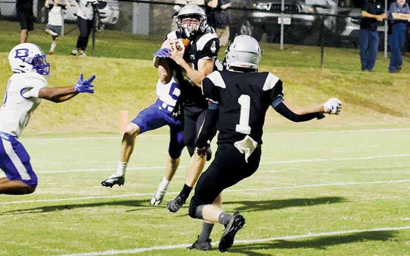 Zeke Silvers (1) looks on as Robbinsville junior Cuttler Adams reels in a pass Friday against Brevard.