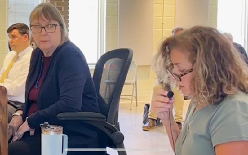 Tina Emerson (right) cross-examines Diana Simon during the first of eight planned voter challenge evidentiary hearings on Sept. 28. In the back of the photo is John Noor, attorney for Simon.