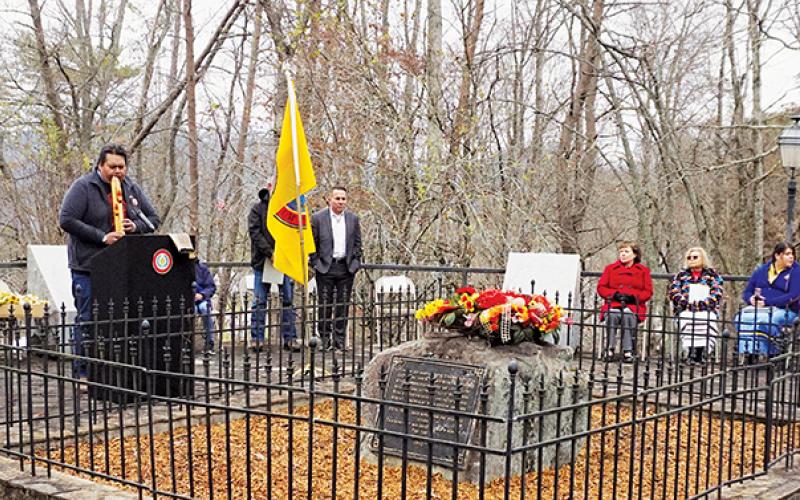 Jarrett Wildcatt performs on flute during a wreath-laying ceremony at the Junaluska Memorial and Burial Site in Robbinsvillle on Nov. 16. Photos by Randy Foster/news@grahamstar.com