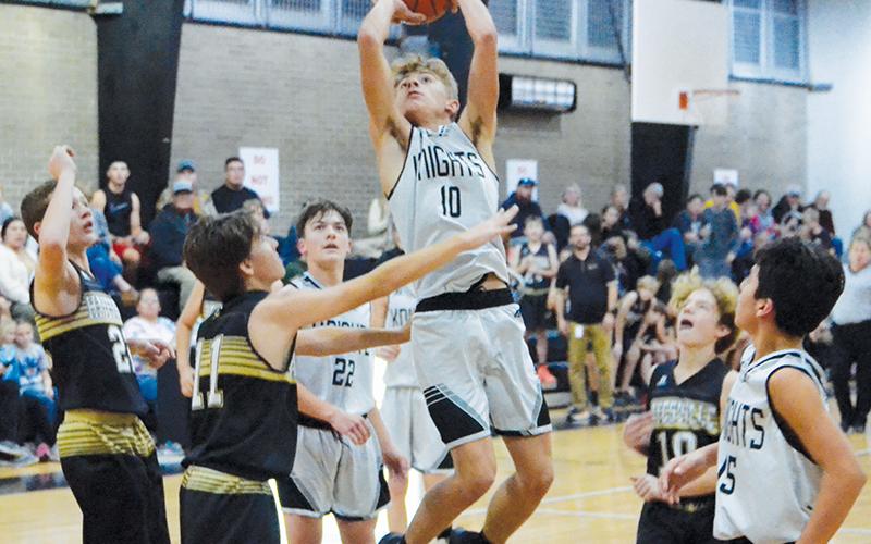 Robbinsville Middle’s Cameron Allison glides to the basket during home action Nov. 17 against Hayesville. Four days later, Allison was seriously injured at Swain County, when a Maroon Devils player slammed the 13-year-old to the floor late in the game. Photos by Kevin Hensley/sports@grahamstar.com