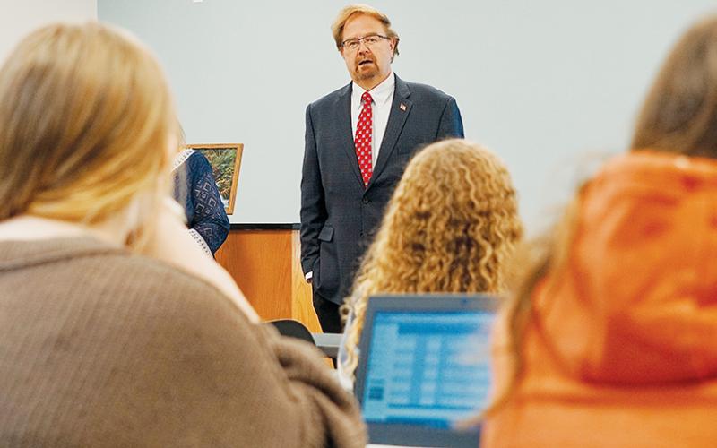 Chuck Edwards addresses pupils at Robbinsville Middle School during the U.S. Representative’s visit to the institution’s new wing on Tuesday.