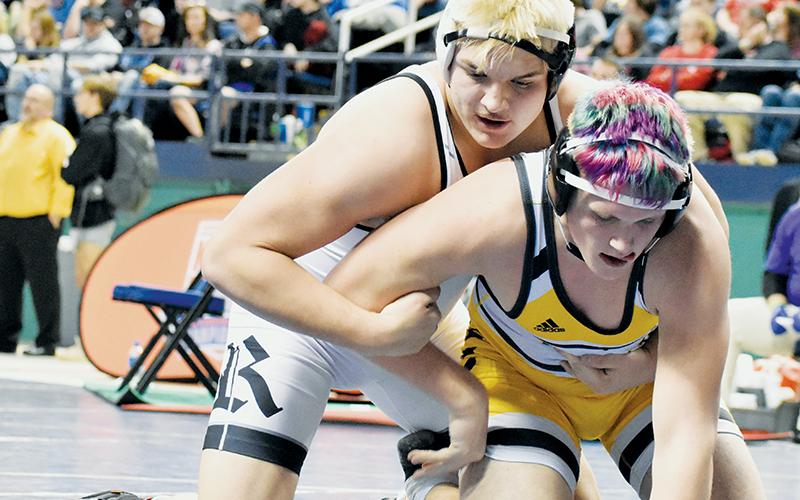 Koleson Dooley won his first 1A state championship Saturday, last besting Pamlico County’s Tyler Stevens 5-2 in the 220-pound finals. Photos by Kevin Hensley/sports@grahamstar.com