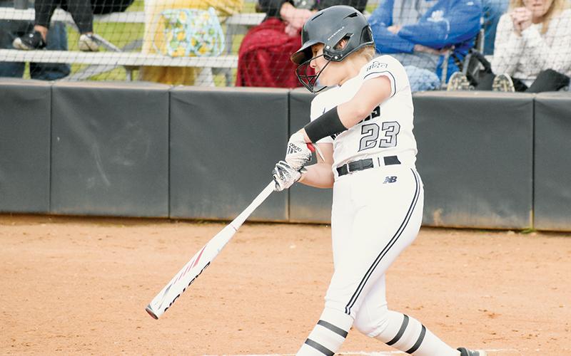 Suri Watty drives an eventual double into the outfield during Tuesday’s 8-7 home loss to Hiwassee Dam. Photo by Montana Buchanan/The Graham Star