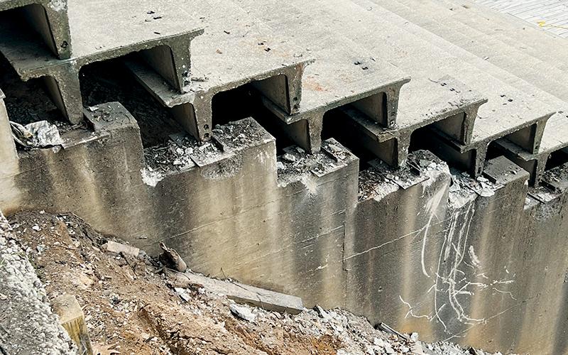 Just before another bay of bleachers were demolished at Big Oaks Stadium on June 29, a side view of the section told the entire story. Placed in 1981, the space between each row was supposed to remain the same as the top; note the narrowing of the gap as the bleachers descend.