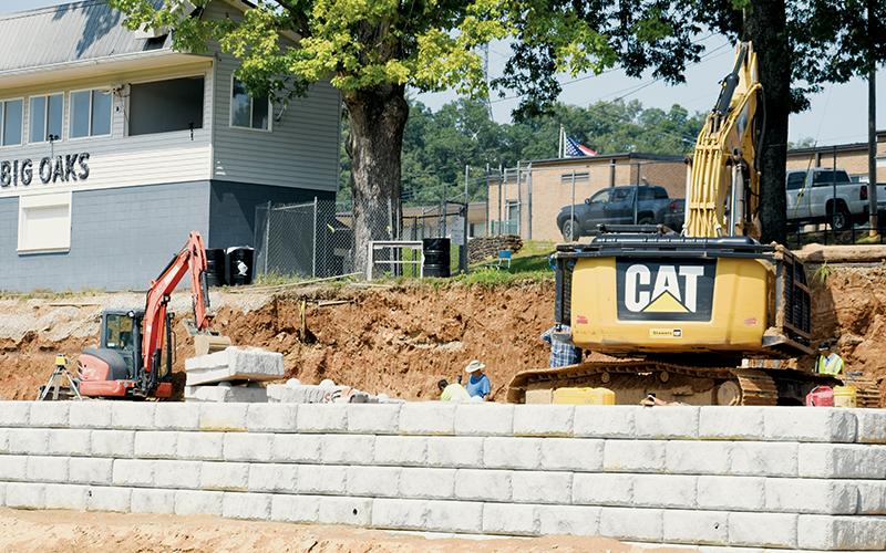 The demolition and renovation of the home bleachers at Big Oaks Stadium is still on track to be completed in time for the upcoming football season. As seen in this Monday photo, a front-retaining wall has been poured and finished; the rear wall was set to begin pouring this week. Photos by Kevin Hensley/sports@grahamstar.com