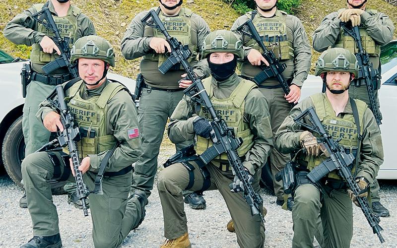 The Graham County Sheriff’s Emergency Response Team suited up for a training session July 26. All names are from left. Front row: narcotics Detective Matt Cox, patrol Deputy Justin Stewart and patrol Deputy Dylan Taylor. Back row: patrol Sgt. David Moore, chief Deputy Cody George, patrol Deputy Chase Hughes and narcotics Detective Travis Brooks.
