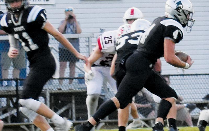 The anything-but-appetizing combination of “Biscuits and Gravy” – senior backs Cuttler Adams (4) and Kage Williams (33) – ran wild on the Franklin Panthers, combining for 27 carries, 150 of the Knights’ 200 rushing yards and all three of Robbinsville’s touchdowns on the ground in the 26-0 win. Photos by Danielle Crabtree/The Graham Star