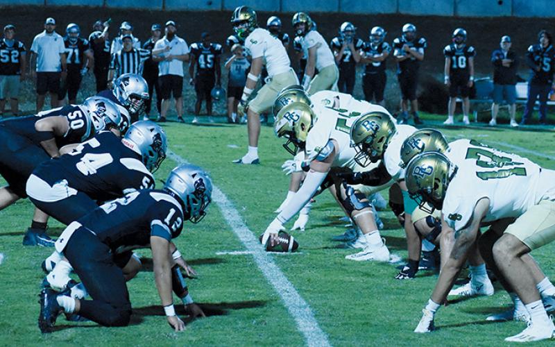 The Black Knights’ defense put forth its most impressive showing of the season against the Eagles, limiting the stacked Rabun Gap lineup to a scoreless first quarter and just 14 points in the second. Pictured here are (back to front) Kage Williams, Dayne Webster, Kellen Ensley and Quinn Jumper.