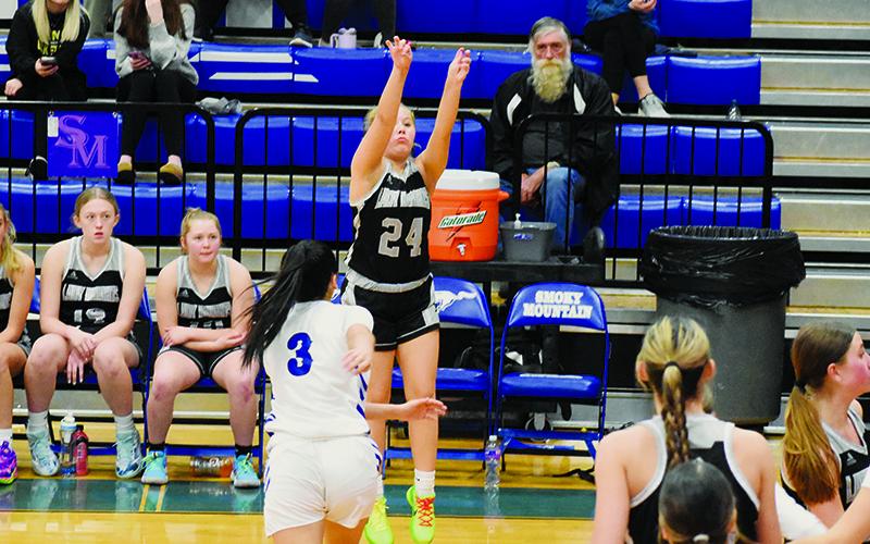 Suri Watty was lights out from beyond the arc in Dec. 27’s Smoky Mountain Christmas Invitational opener, posting six in Robbinsville’s victory over the Lady Mustangs. Photos by Fala Welch/The Graham Star