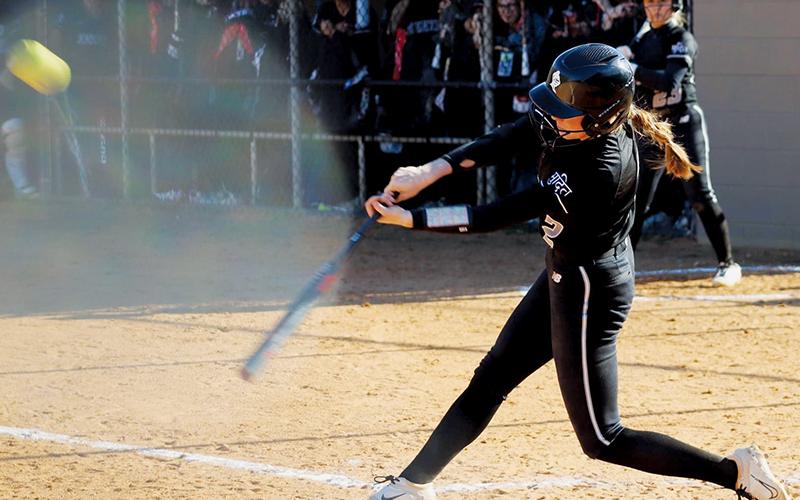 Senior shortstop Zoie Shuler puts a charge into one of Robbinsville’s 11 hits Tuesday at Cherokee. The University of Tennessee-commit entered this season as the program’s all-time home run leader (21 to date) and is a serious contender to break the Lady Knights’ stolen base and RBI record before all is said and done. Photo by Brooklyn Brown/Cherokee One Feather