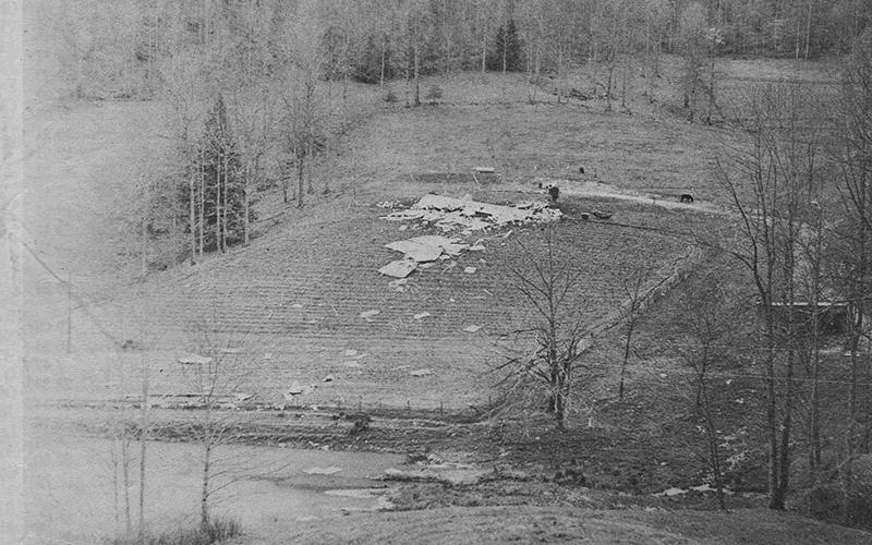 Larry McCracken’s mobile home was left scattered in a field near present-day Red Barn  Hollow General Store, in the aftermath of April 3, 1974’s tornado. Photo courtesy of The Graham Star Archives
