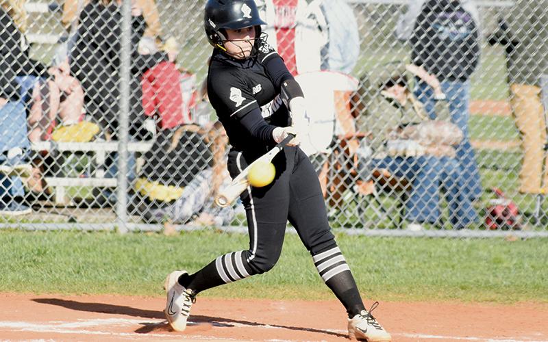 Suri Watty connects for one of her three hits Friday. The sophomore second baseman totaled five hits, four RBI and two doubles in last week’s series with Andrews. Photos by Kevin Hensley/sports@grahamstar.com