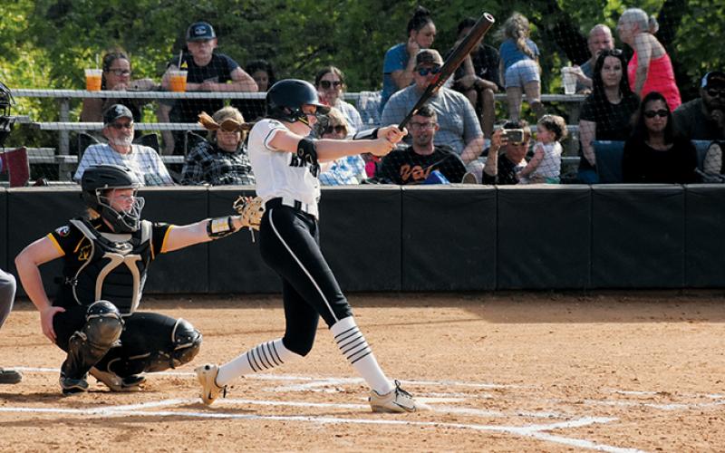 Don’t blink, because moments after Zoie Shuler makes contact – much like this successful cut May 2 against Murphy – the senior is already on base. Photo by Jacquline Gayosso/The Graham Star