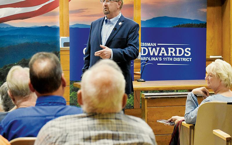 Chuck Edwards addresses the crowd gathered inside the Graham County  Courthouse for the third installment of his “Unplugged” town hall series June 20.