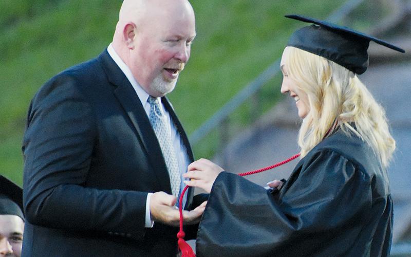 It is tradition for seniors to exchange a light-hearted gift with Robbinsville High School Principal David Matheson as they are handed their diplomas. This year,  seniors like Layla Courtney came equipped with ... eggs. Matheson was quick to put all his eggs into one basket.