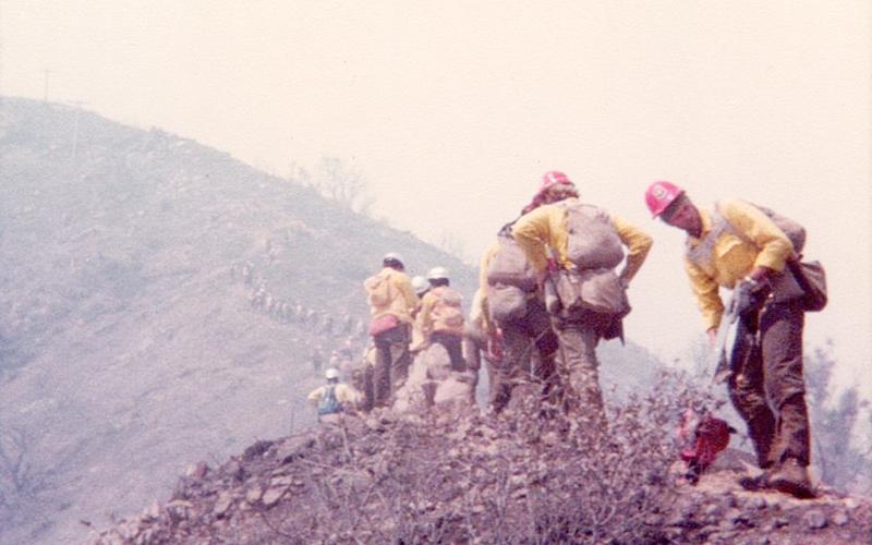 The U.S. Forest Service “Hotshot” fire crew inside the Angeles National Forest, 1979. Photo by Marshall McClung/The Graham Star