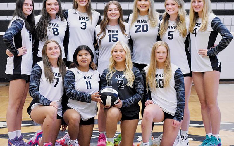 The 2024 Robbinsville Lady Knights volleyball team. All names are listed from left. Kneeling in front: Ella McGuire, Jayden Chekeleelee, Suri Watty and Novie Dutcher. Back row: Chloe Adams, Ryn Hooper, Claire Barlow, Olivia Lewis, Liz Carpenter, Daphne Barlow and Khaygan Buchanan. Photo by Kevin Hensley/sports@grahamstar.com