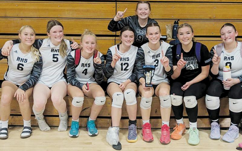 It was smiles all around for Robbinsville volleyball Saturday, as the Lady Knights swept the field clean in a tournament at Chase High School. Counting Tuesday’s win over Murphy, Robbinsville has won 14 straight sets. From left are Suri Watty, Daphne Barlow, Khaygen Buchanan, Chloe Adams, Olivia Lewis (in back), Claire Barlow, Liz Carpenter and Ryn Hooper. Photo courtesy of RHS Volleyball