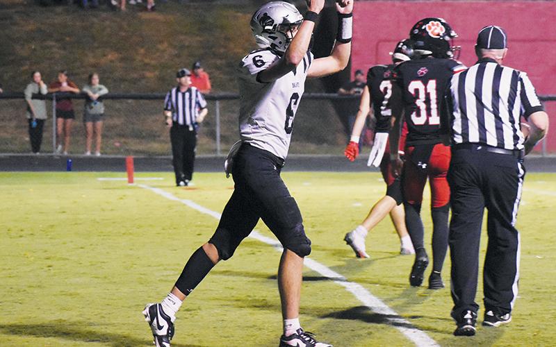 Quarterback Bryce Adams celebrates after rushing for Robbinsville’s only touchdown Friday at Franklin. The fourth-quarter score rounded out the final tally of a 30-7 win for the 3A Panthers.