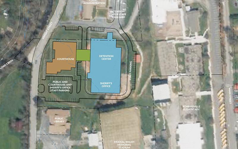 This overhead rendering shows the future location of the long-planned Graham County Justice Center, which commissioners selected Tuesday night.