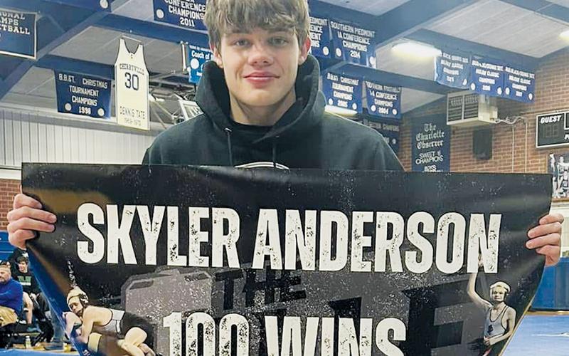 Skyler Anderson became the latest Black Knight to  record 100 career wins, achieving the feat Saturday during the Jim Hayes Invitational. Photo courtesy of Robbinsville Wrestling