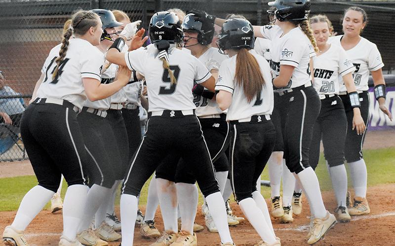 Home run celebrations are becoming a custom for Robbinsville softball. Dreylee Webster was the latest to join the long-ball club, as she delivered a 3-run homer Monday against A.C. Reynolds. Photo by Lexie Anderson/The Graham Star