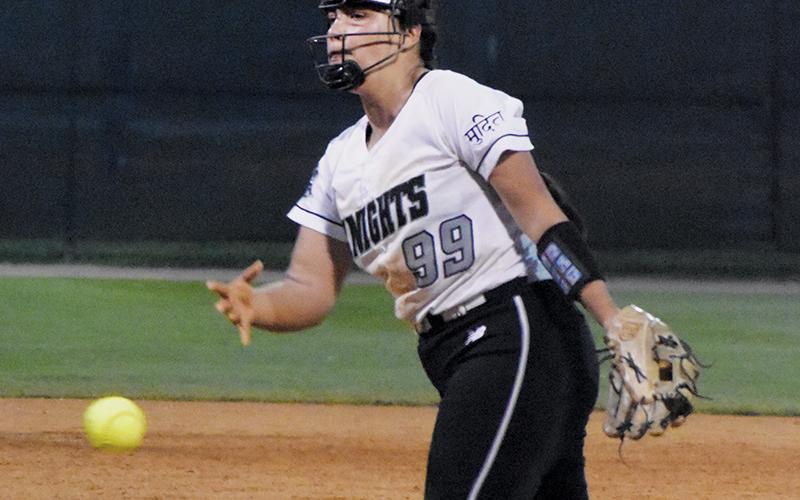Senior Naomi Taylor struck out eight Lady Rockets in the Knights’ 7-1 win at Western Carolina University. Photo by Bella Eddings/The Graham Star