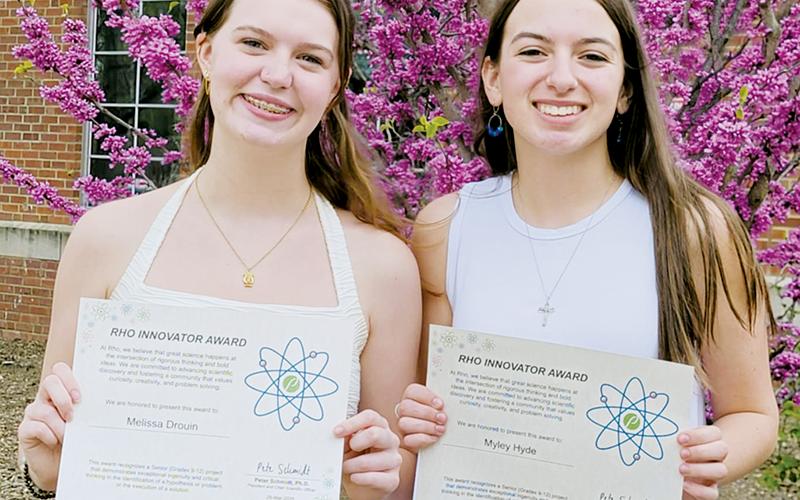 Robbinsville High School students Melissa Drouin (left) and Myley Hyde launched a project last fall that recently was afforded the Rho Pharmaceuticals Innovator Award at the state science and engineering fair.