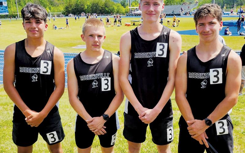 Robbinsville's 4x800 boys relay team broke the school record at Friday's meet. From left are Xamuel Wachacha, Austin Bohn, Nathan Frederick and Colton McCoy. Photo courtesy of Heather Wachacha
