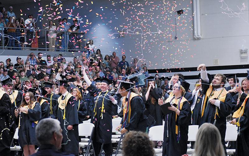 The Robbinsville High School Class of 2025 unwind at the end of Friday’s commencement exercise. Photos by Lexie Anderson/The Graham Star