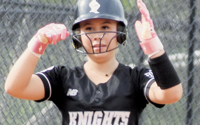 Suri Watty gestures toward the dugout after tripling in Game 2 of Friday’s doubleheader at Hayesville. Photo by Kevin Hensley/sports@grahamstar.com