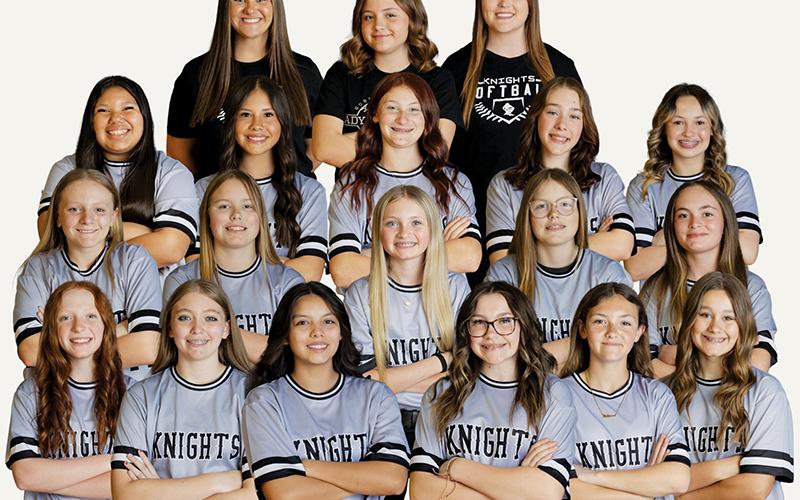 The Robbinsville Middle School Lady Knights repeated as Smoky Mountain Conference champions this season. All names are listed from left. Front row: Bella Ford, Mylee Webster, Aaliyah Wolfe, Lakelynn Drake, Makenna Stewart and Lakin Orr. Second row: Allie Phillips, Balee Odom, Ophelia Beasley, Bristol Odom and Bently Lambert. Third row: Ty Chekelelee, Haizleigh Driver, Ella Nelms, Natalee Myers and Myah  Winfrey. Back row: Assistant coach Ivy Odom, manager Caislee Lane and head coach Lauren Silvers.