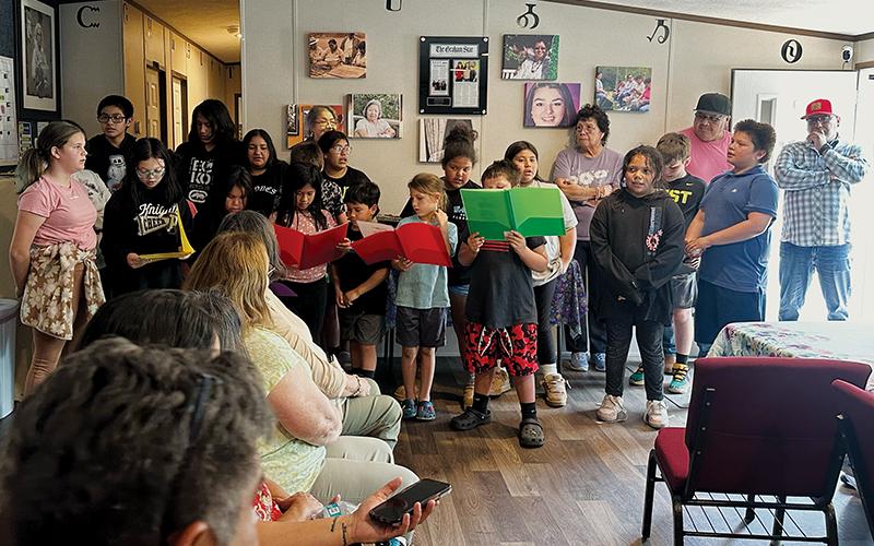 Students in the Snowbird N.E.S.T. program perform Cherokee songs for visitors from Oklahoma on April 29. Photos by Latresa Phillips/The Graham Star