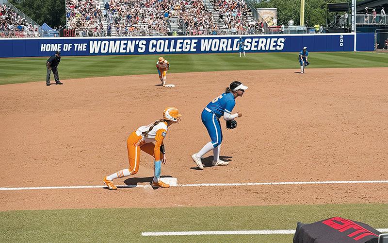 Lady Vols freshman Zoie Shuler stands at third in Tennessee's third game of the Women's College World Series June 1 against UCLA. Photo courtesy of Kylie Shuler