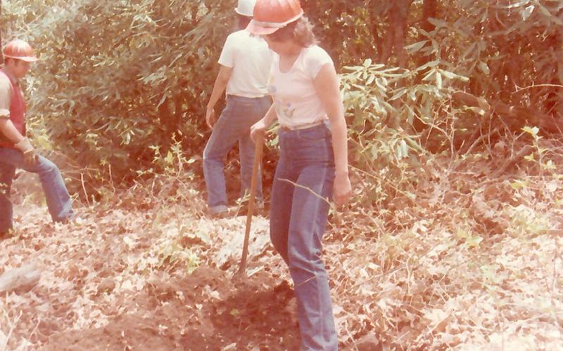 The Young Adult Conservation Corps Trail Crew work on  Cedar Top in April 1981. From left are crew leader G.D. Phillips; Kathy Wachacha; and Lorita Wall (Eller). Photo courtesy of U.S. Forest Service