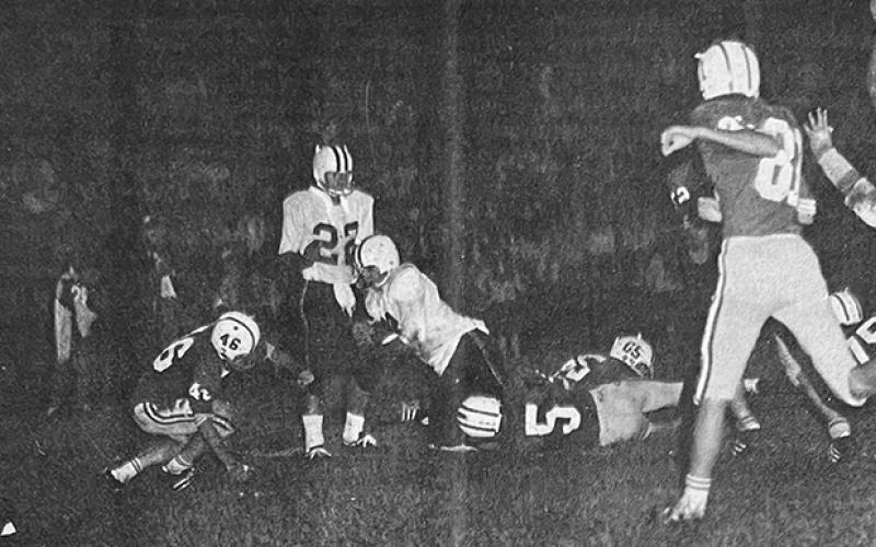 Robbinsville's Larry Sawyer dives across the goal line for a two-point conversion during Oct. 9, 1970's victory over Franklin.