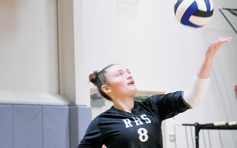 Ryn Hooper prepares for a serve Oct. 23 at Bethany Community School. The Lady Knights’ setter is the only player Robbinsville will lose to graduation. Photo courtesy of Brooklyn Cox/Contributing Photographer