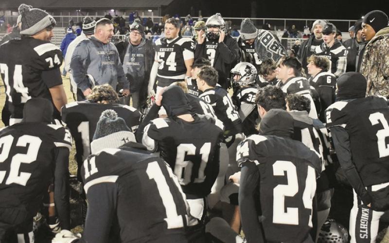 The Robbinsville Black Knights gather for the final home, post-game chat of the 2025 season Nov. 28, moments after clinching the 1A Western Regional title on Bob Colvin Field at Modeal Walsh Memorial (Big Oaks) Stadium. Photo by Kevin Hensley/sports@grahamstar.com