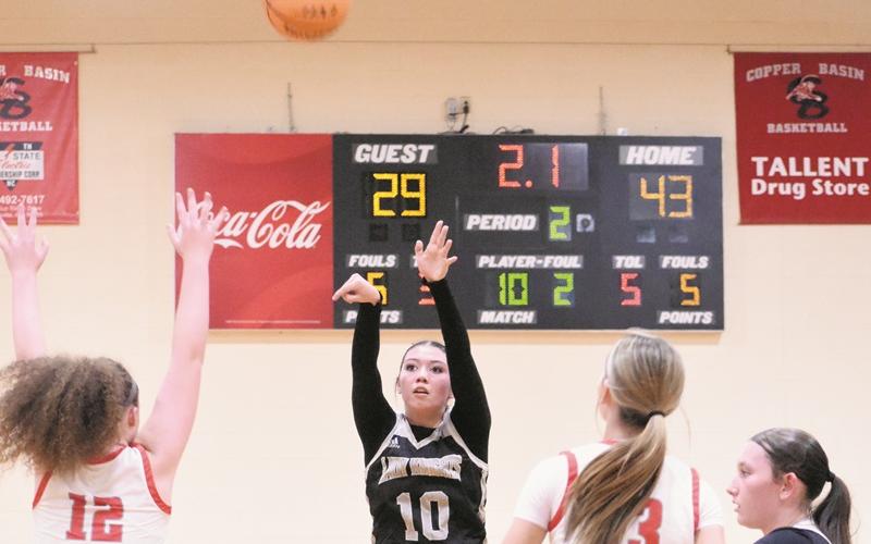 Freshman point guard Zayleigh Chekelelee releases a halftime buzzer-beater attempt during Robbinsville's season opener at Copper Basin on Dec. 1. Chekelelee scored 17 in the Lady Knights' home debut Friday. Photo by Kevin Hensley/sports@grahamstar.com