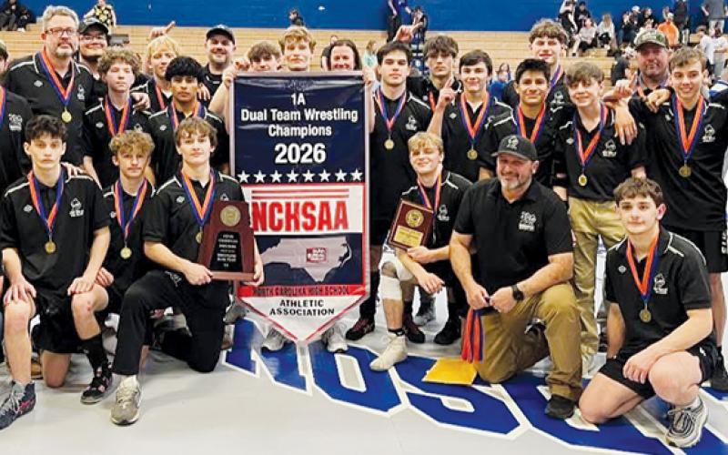The Robbinsville Black Knights won the program’s second dual-team state championship Tuesday night, defeating the South Davidson Wildcats 58-24 in the finals. Photo courtesy of Robbinsville Wrestling