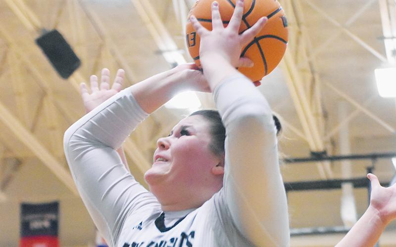 Lady Knights senior Bentley Riggins looks for a putback Jan. 27 against Andrews. Riggins had a monster double-double at Hiwassee Dam on Jan. 29.