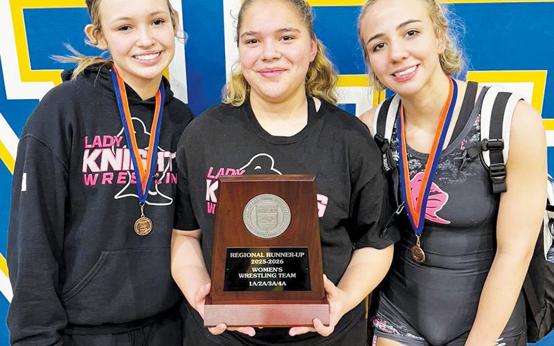 The Robbinsville Lady Knights qualified three of their grapplers for the state tournament at last week's regional event. From left are Myah Winfrey, Shayla Dominguez and Alexis El-Khouri. Photo courtesy of Lady Knights Wrestling