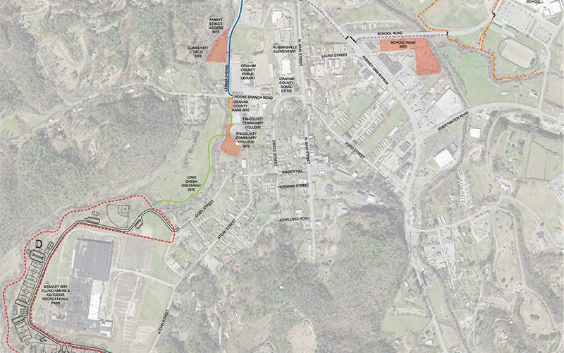 Though still in the planning stages, this is an early overview of the Robbinsville  Greenway – which would connect Robbinsville Middle/High School off Sweetwater Road with the Stanley Ball Field off Snowbird Road.