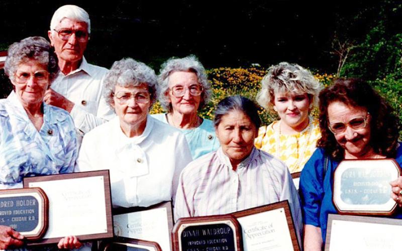 Members of the "Older American Program" learned it was never too late to obtain an education, or improve their life skills. All names are listed from left. Front row: Mildred Holder, Lillian Slaughter, Dina Wachacha Waldroup and Jura Mae Jordan. Back row: Chester Bradshaw, Oleta Nelms and Tri-County Community College GED Instructor Tonia Walsh. Photo courtesy of U.S. Forest Service