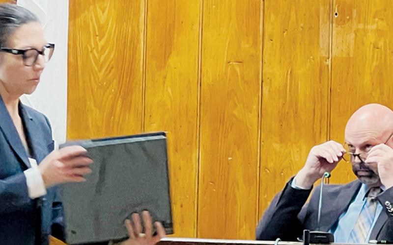 District Attorney Ashley Welch departs from the witness stand after questioning Brad Hoxit about the contents of a three-ring binder at a hearing to determine the permanent removal of Hoxit as Graham County Sheriff on March 27. Photos by Kevin Hensley/editor@grahamstar.com