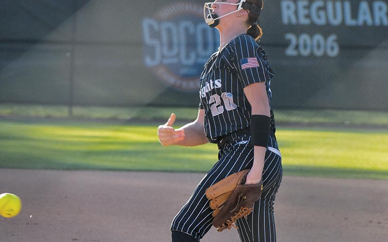 Ella Nelms delivers a pitch during April 9's game against A.C. Reynolds, which was held at Western Carolina University. Nelms admitted that she felt some discomfort during this outing, which foreshadowed the injury that was to come four days later. Photo by Bella Eddings/The Graham Star