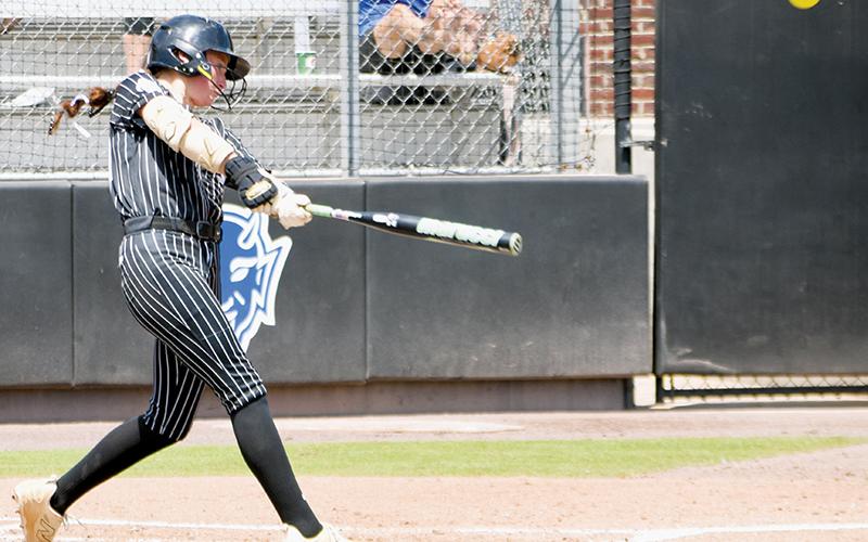 Ella Nelms drives the ball during Game 2 of the 1A state championship series May 30. Nelms was recently named to the MaxPreps Small Town All-American Team. Photo by Kevin Hensley/editor@grahamstar.com