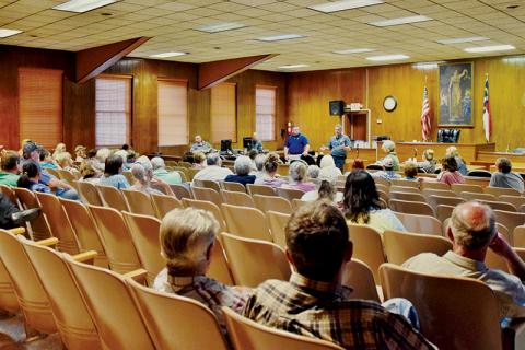 Graham County Sheriff Joseph Jones (left) and Chief Deputy Chuck Stewart address a group of concerned citizens gathered inside the courthouse during a community safety meeting on Sept. 17. Photo by Art Miller/amiller@grahamstar.com