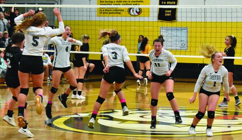 Reality sets in for Halee Anderson, Gabby Hooper, Kennedy Cable, Gracye Burchfield, Karlyn Matheson and Liz Ayers (from left), moments after Robbinsville scored the winning point in Wednesday's 25-23, 25-21, 25-22 sweep over the hosting Murphy in the finals of the Smoky Mountain Conference tournament finals. Photos by Kevin Hensley/editor@grahamstar.com